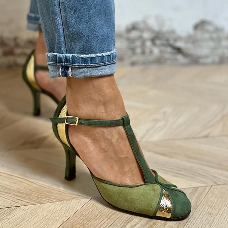 Taviana | T-Strap Closed Toe Patchwork Heels