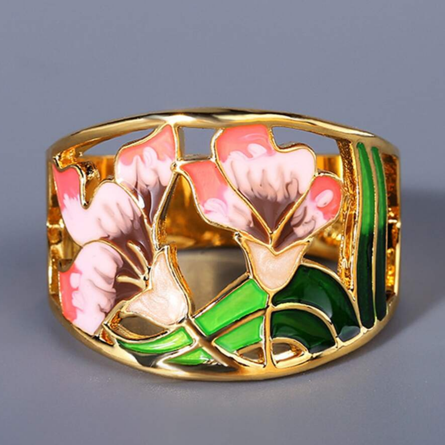 Gold Floral Enamel Ring
