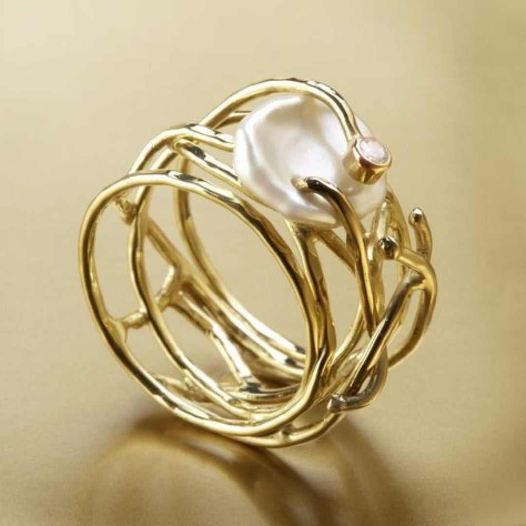Pearl-Embellished Gold Ring
