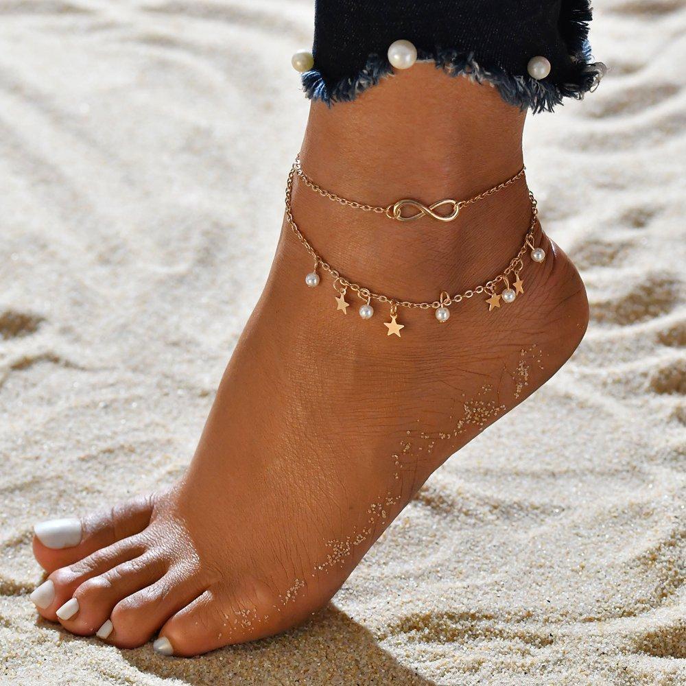 Anklet Bracelet with Pearl and Star Accents